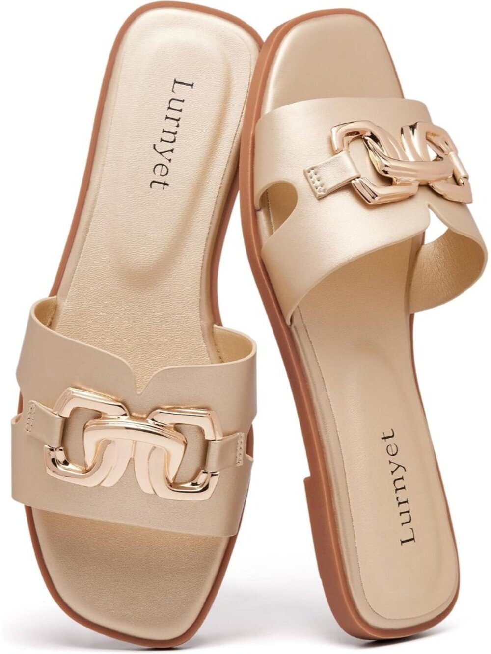 Women's Gold Rubber Soft Square Open Toe Slides Flats Slip On Comfortable Shoes